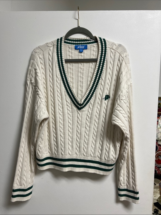 Prince Sweaters - Prince Cream Cotton Cable Knit V-Neck Sweater Dark Green Trim Retro Preppy XL